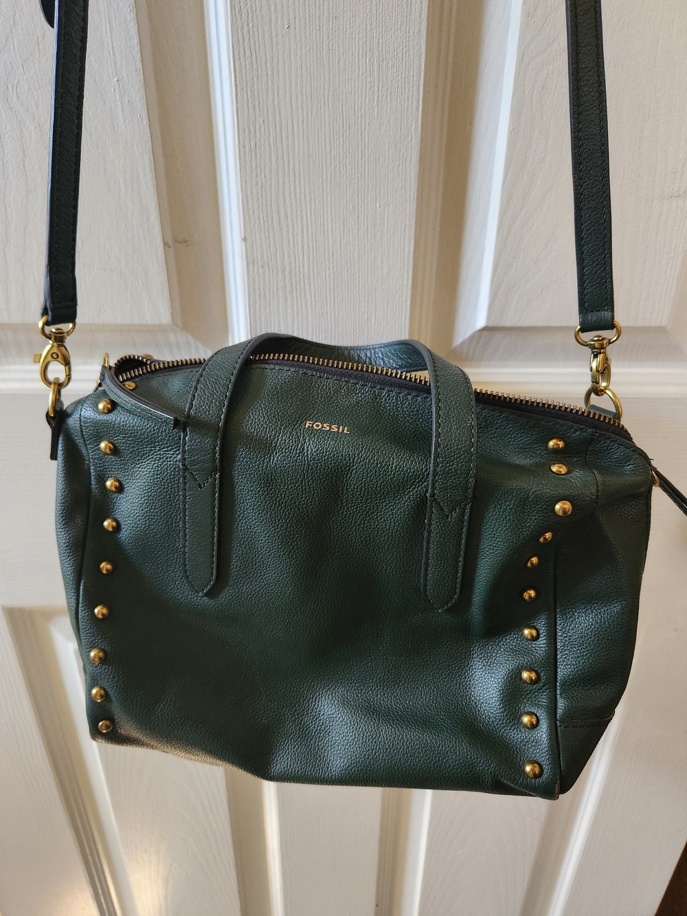 Fossil Forest Green Leather Crossbody Satchel with Gold Studs